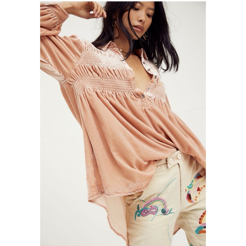 We The Free People Snow Moon Velvet Tunic Women's Size XS Muted Peach Boho NWT